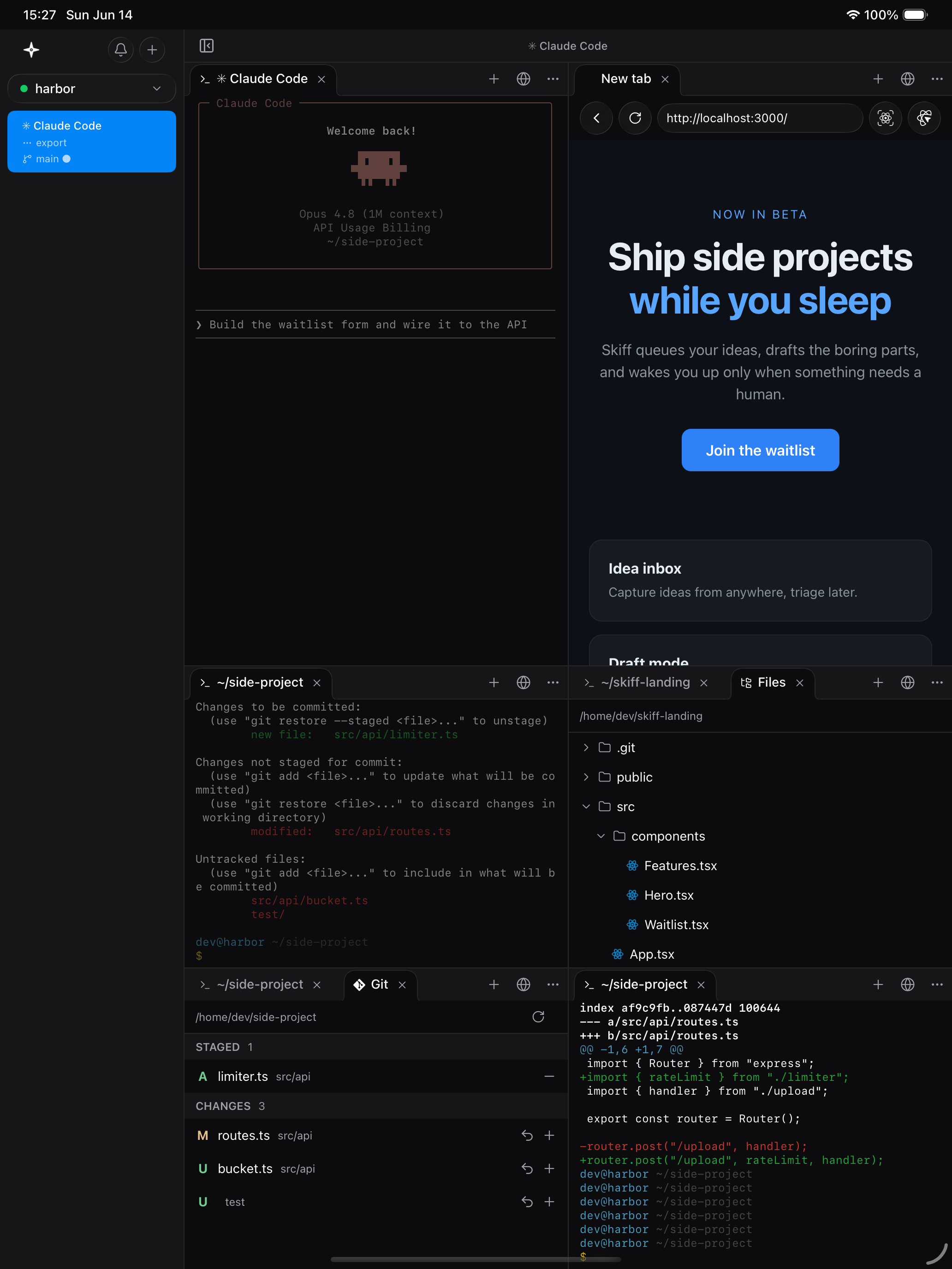 Skippr running multiple panes on an iPad, with terminal, editor and git side by side.